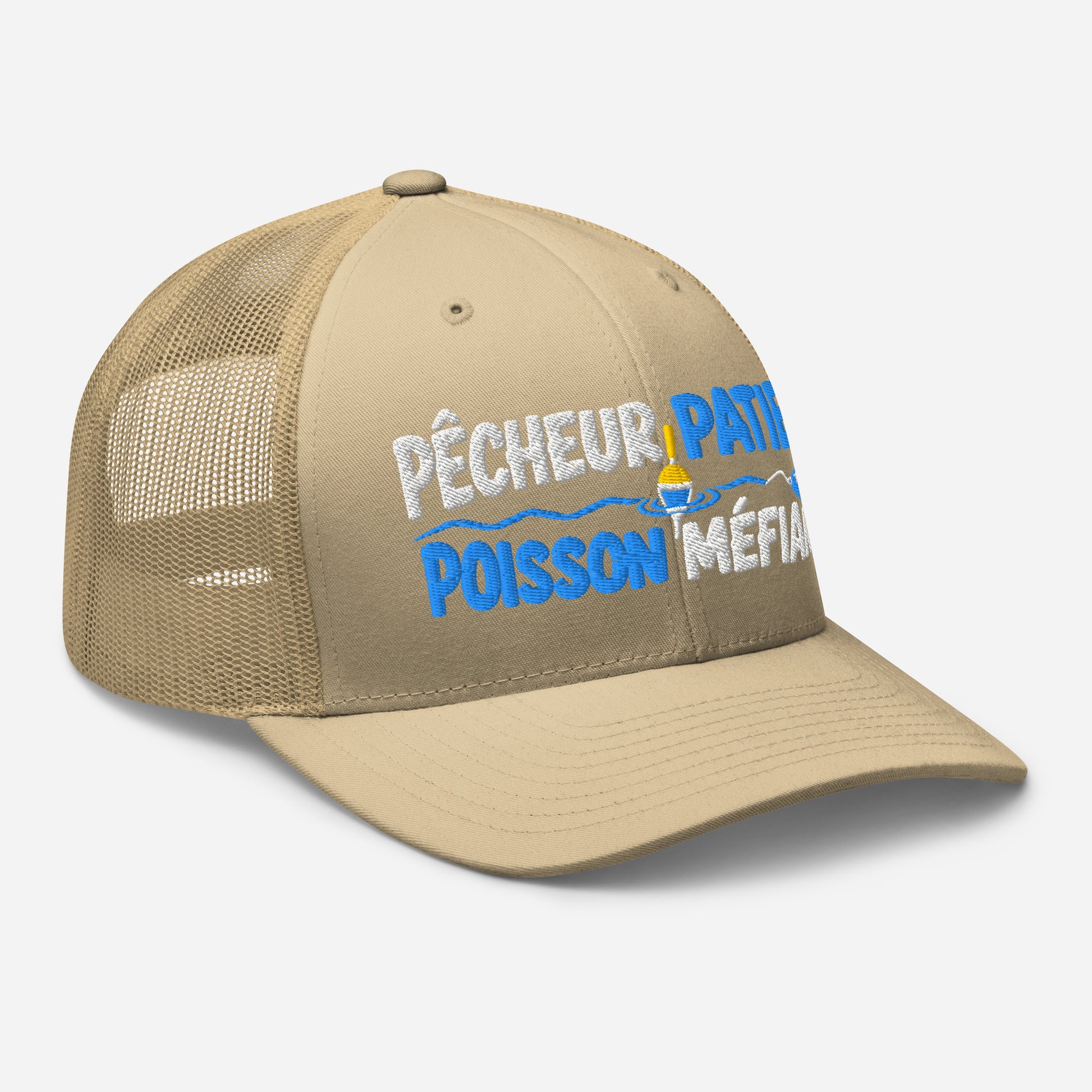 Casquette Trucker, brodée « Pêcheur patient, poisson méfiant », en Kaki, vue de trois quarts, image 90