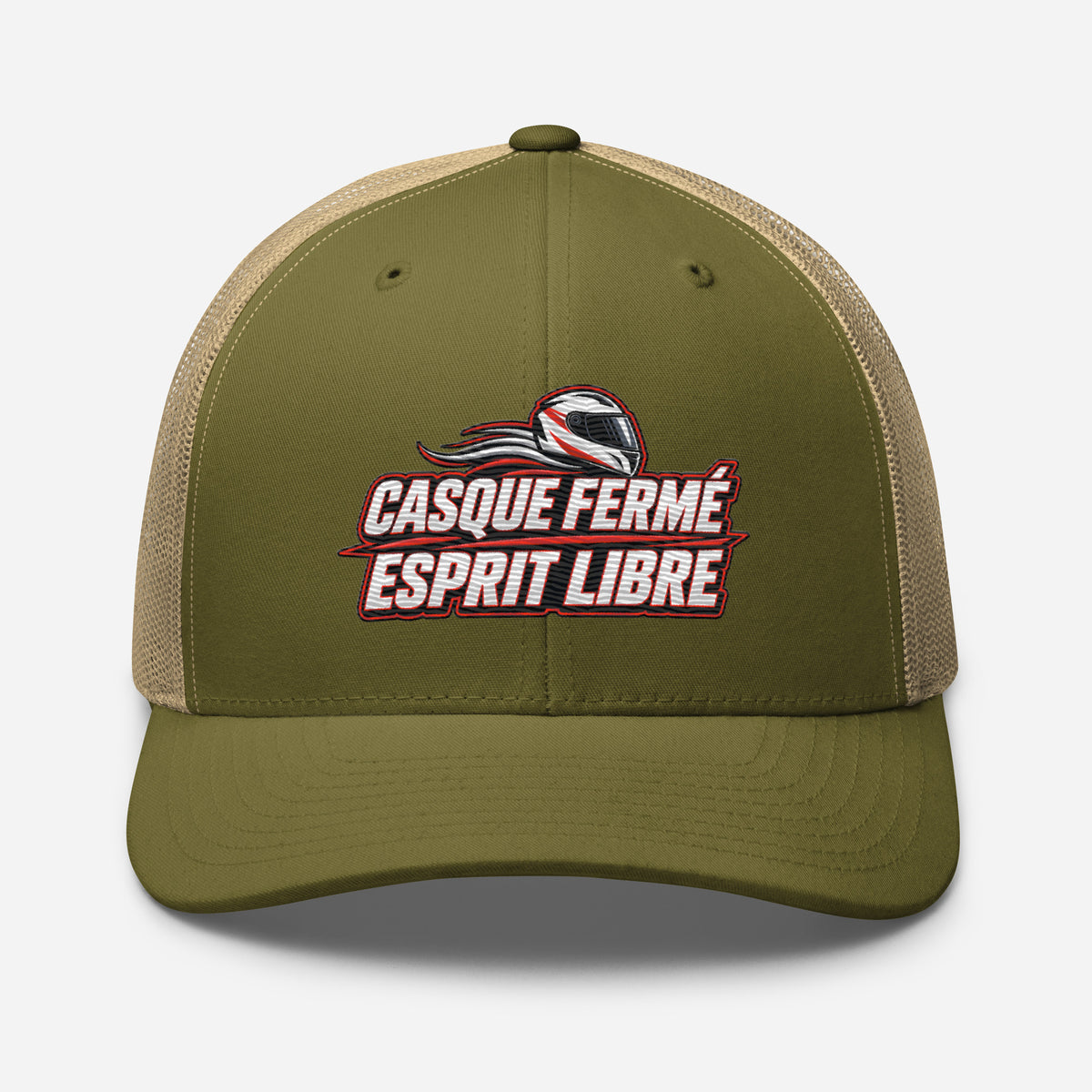 Casquette Trucker, brodée « Casque fermé, esprit libre », en Kaki, vue de face, image 92