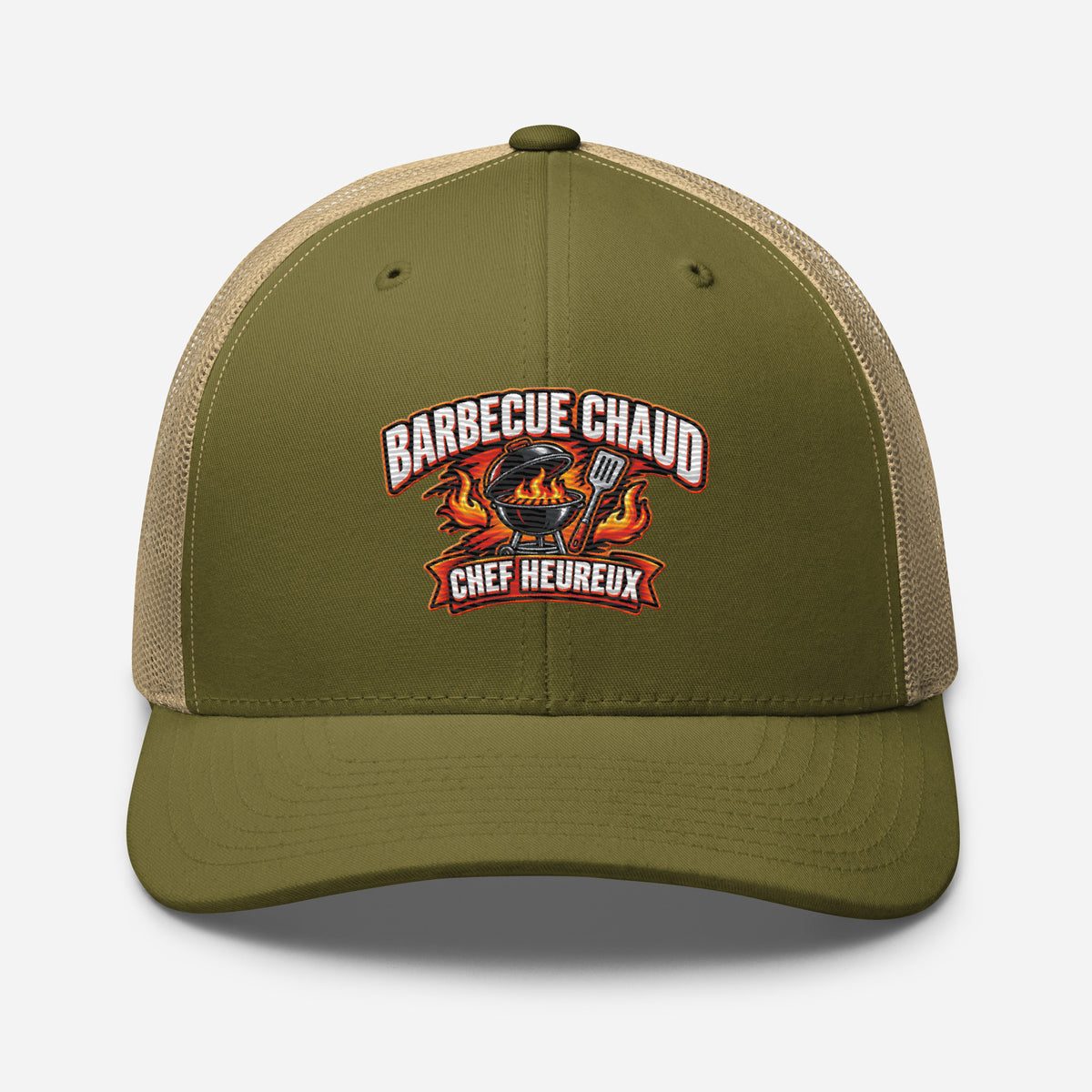 Casquette Trucker, brodée « Barbecue chaud, chef heureux », en Kaki, vue de face, image 92