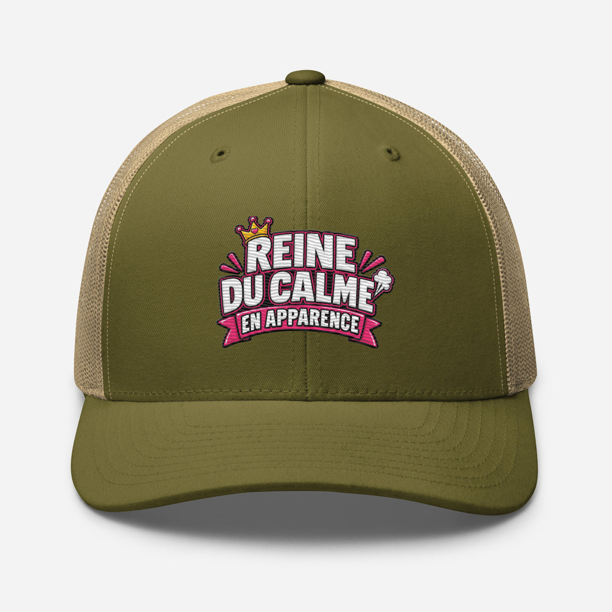 Casquette Trucker, brodée « Reine du calme, en apparence », en Kaki, vue de face, image 93