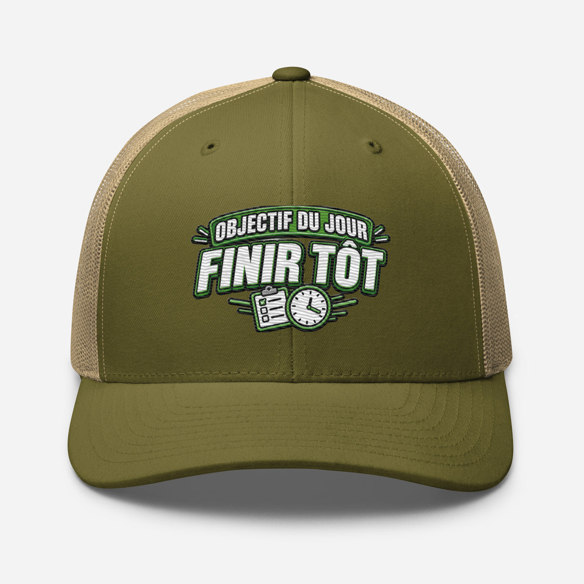 Casquette Trucker, brodée « Objectif du jour, finir tôt », en Kaki, vue de face, image 92