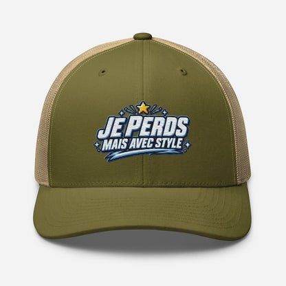 Casquette Trucker, brodée « Je perds mais avec style », en Kaki, vue de face, image 92