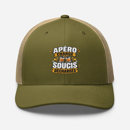 Casquette Trucker, brodée « Apéro chargé, soucis déchargés », en Kaki, vue de face, image 92