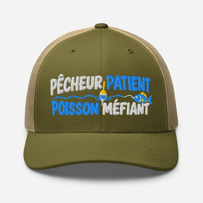 Casquette Trucker, brodée « Pêcheur patient, poisson méfiant », en Kaki, vue de face, image 92