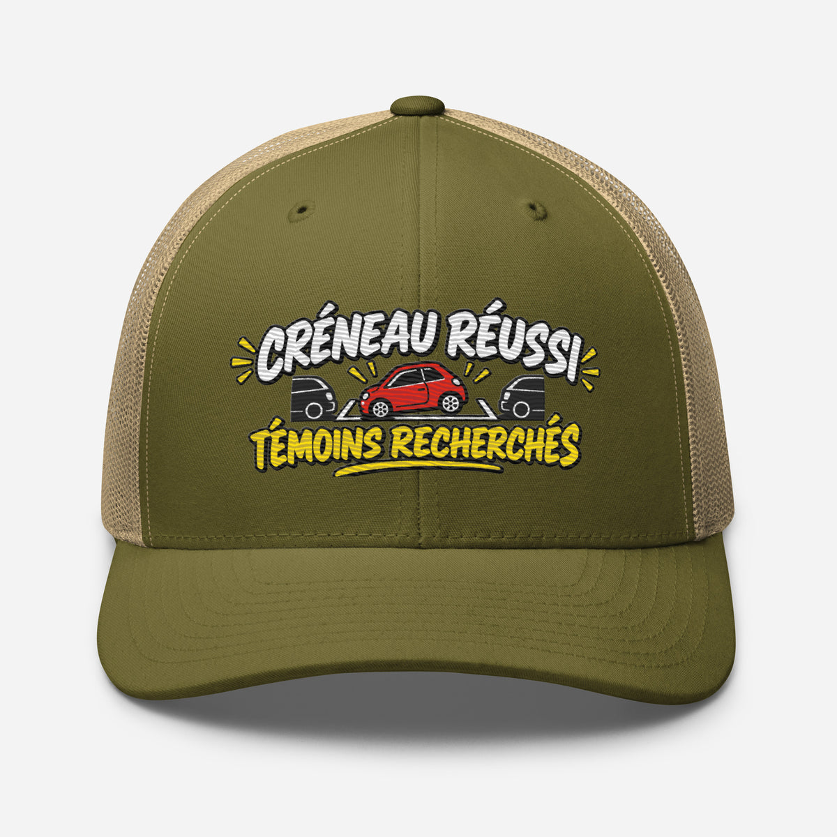 Casquette Trucker, brodée « Créneau réussi, Témoins recherchés », en Kaki, vue de face, image 92