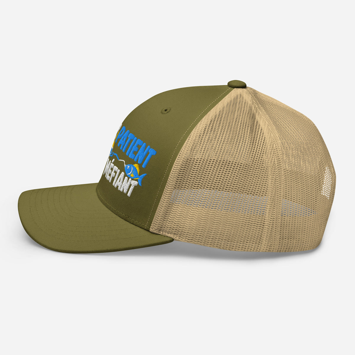 Casquette Trucker, brodée « Pêcheur patient, poisson méfiant », en Kaki, image 93