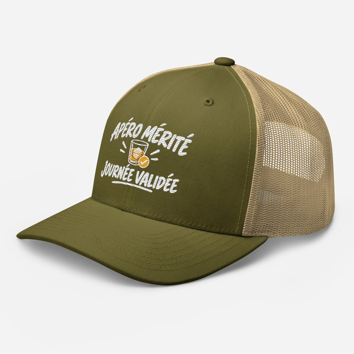 Casquette Trucker, brodée « Apéro mérité, journée validée », en Kaki, vue de trois quarts, image 94