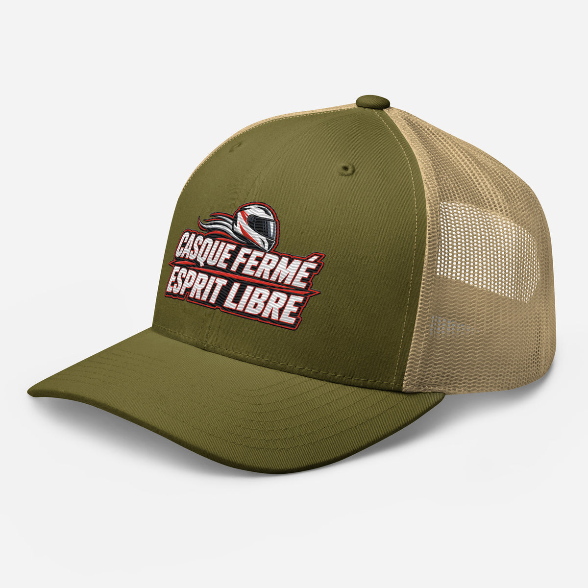 Casquette Trucker, brodée « Casque fermé, esprit libre », en Kaki, vue de trois quarts, image 94