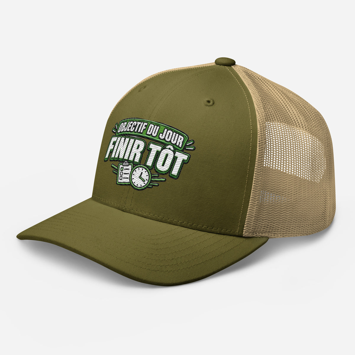Casquette Trucker, brodée « Objectif du jour, finir tôt », en Kaki, vue de trois quarts, image 94