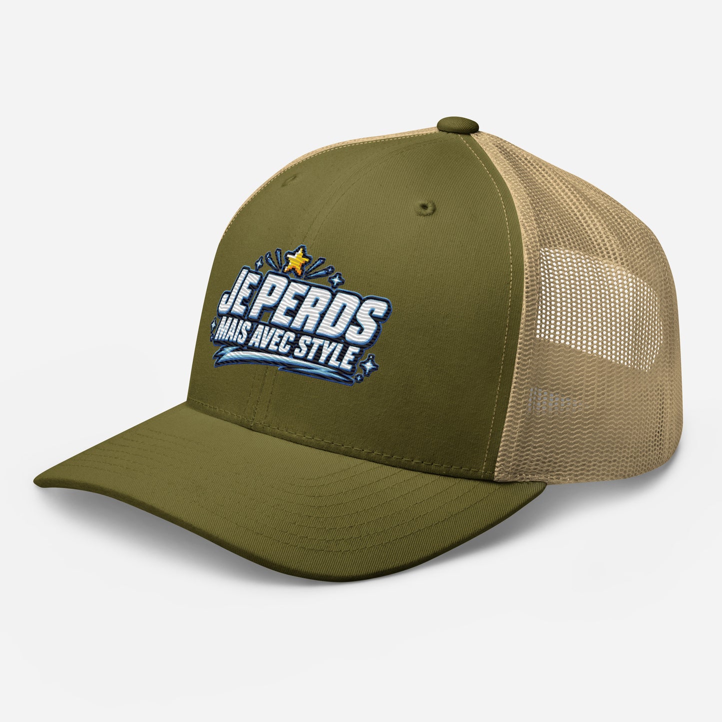 Casquette Trucker, brodée « Je perds mais avec style », en Kaki, vue de trois quarts, image 94