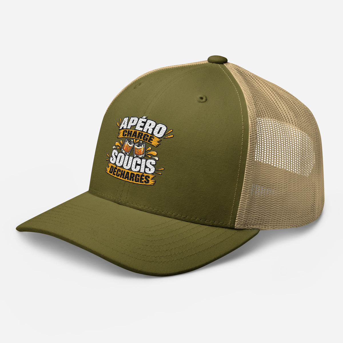 Casquette Trucker, brodée « Apéro chargé, soucis déchargés », en Kaki, vue de trois quarts, image 94