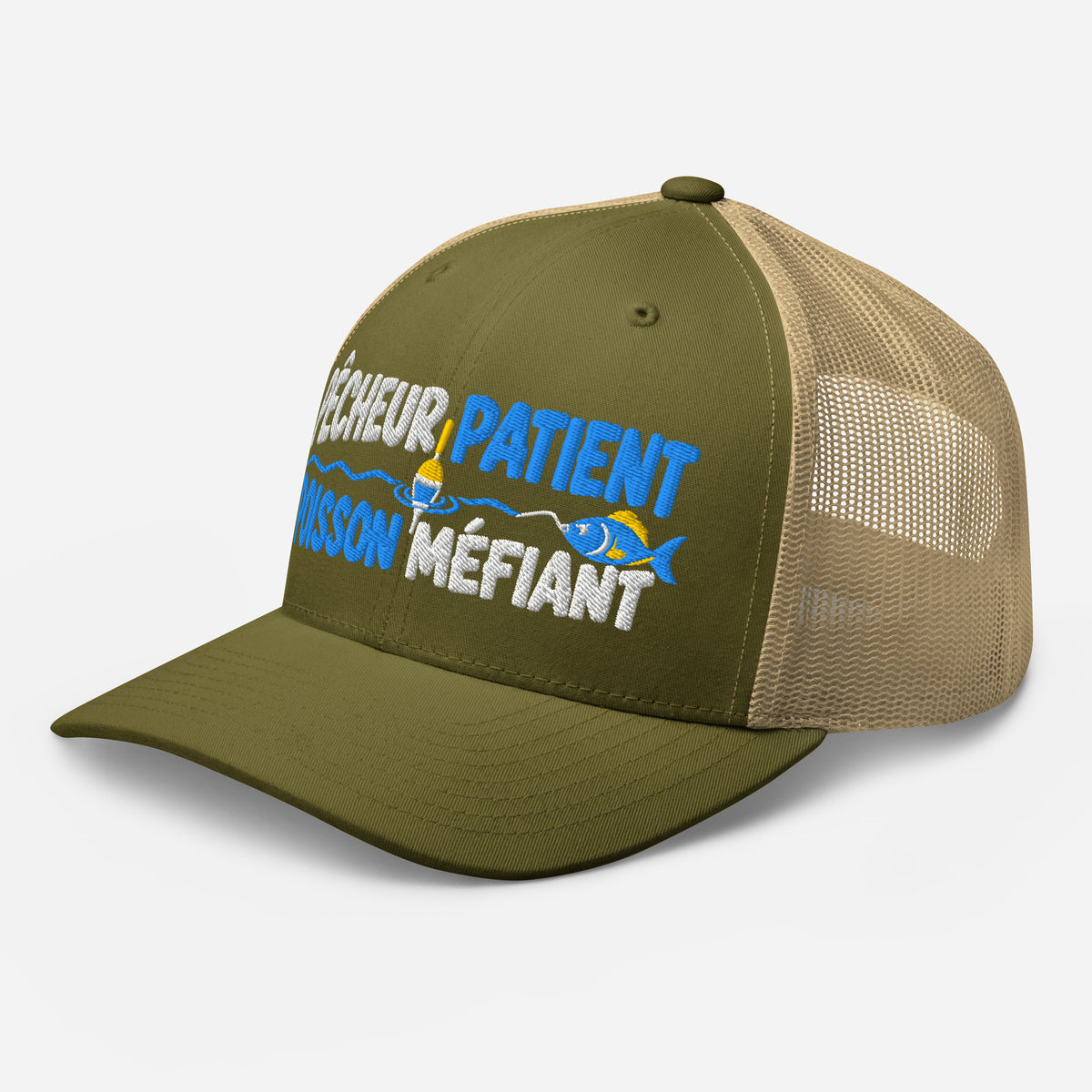Casquette Trucker, brodée « Pêcheur patient, poisson méfiant », en Kaki, vue de trois quarts, image 94