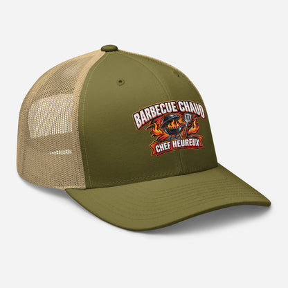 Casquette Trucker, brodée « Barbecue chaud, chef heureux », en Kaki, vue de trois quarts, image 96