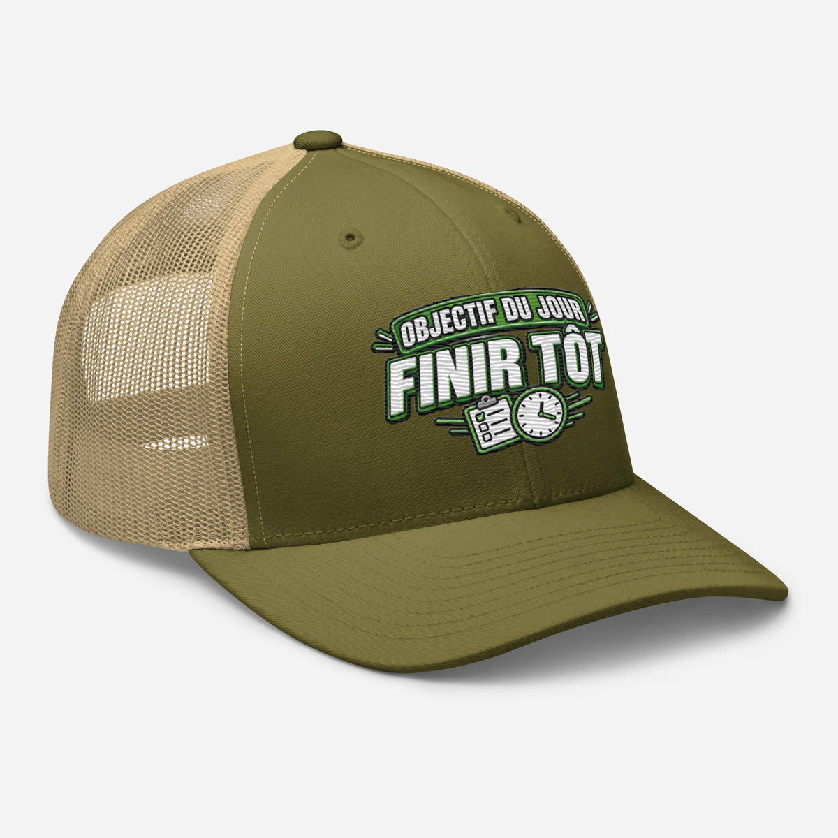 Casquette Trucker, brodée « Objectif du jour, finir tôt », en Kaki, vue de trois quarts, image 96