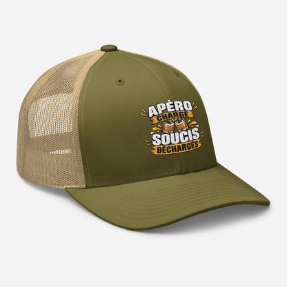 Casquette Trucker, brodée « Apéro chargé, soucis déchargés », en Kaki, vue de trois quarts, image 96