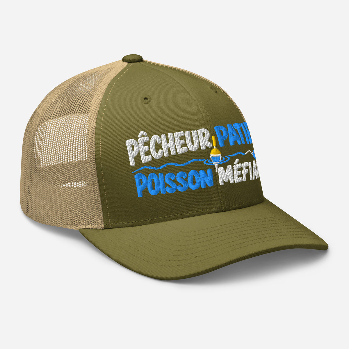 Casquette Trucker, brodée « Pêcheur patient, poisson méfiant », en Kaki, vue de trois quarts, image 96