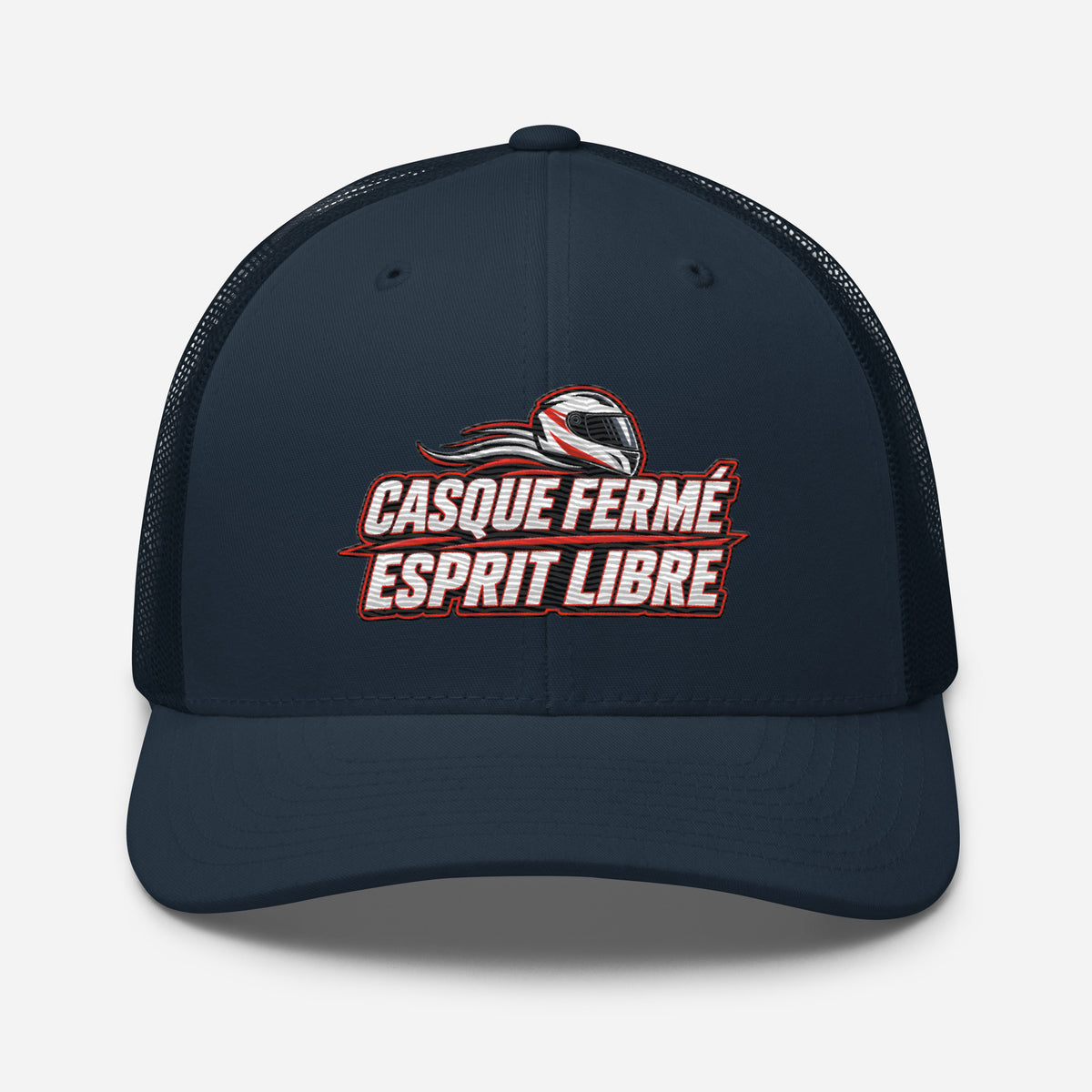 Casquette Trucker, brodée « Casque fermé, esprit libre », en Bleu Marine, vue de face, image 15