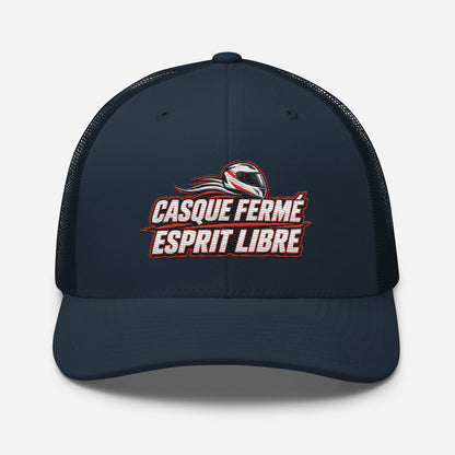 Casquette Trucker, brodée « Casque fermé, esprit libre », en Bleu Marine, vue de face, image 15