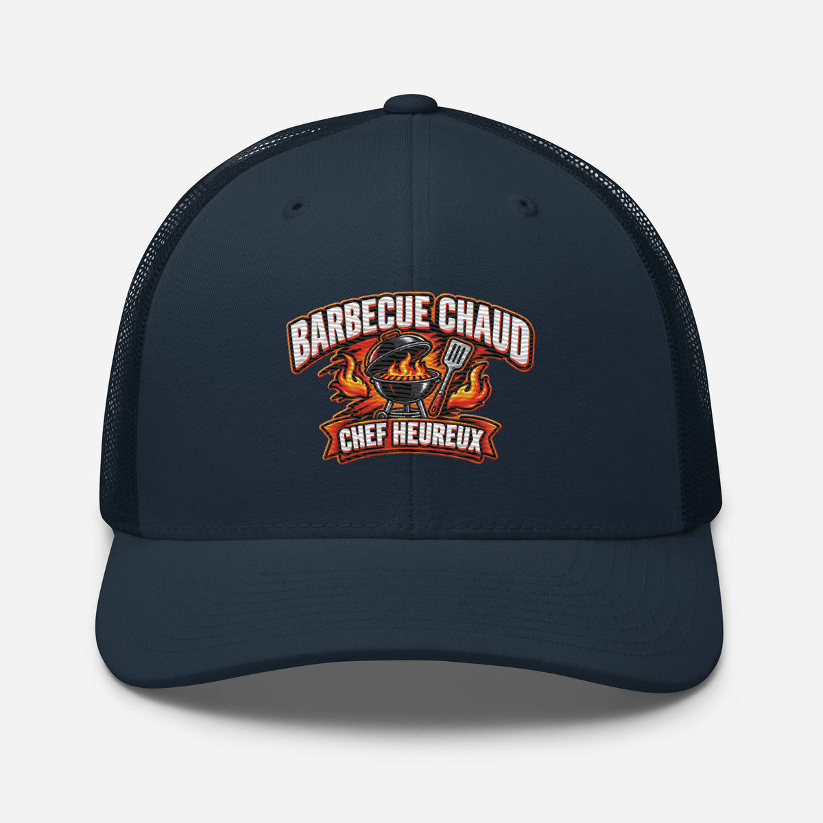 Casquette Trucker, brodée « Barbecue chaud, chef heureux », en Bleu Marine, vue de face, image 15