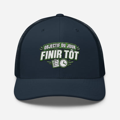 Casquette Trucker, brodée « Objectif du jour, finir tôt », en Bleu Marine, vue de face, image 14