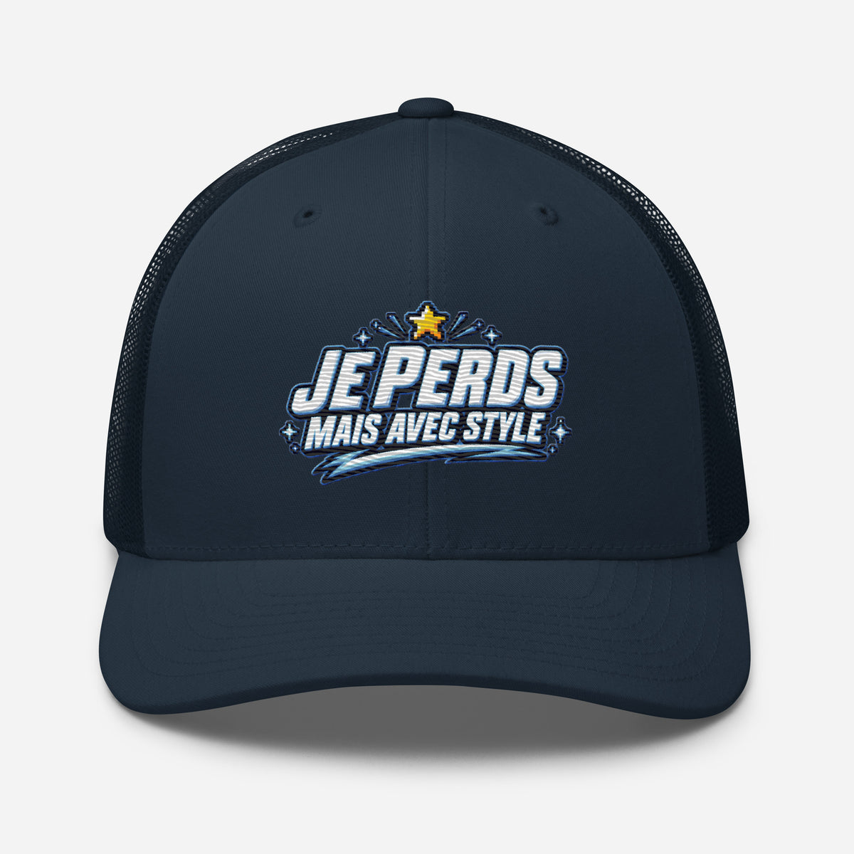 Casquette Trucker, brodée « Je perds mais avec style », en Bleu Marine, vue de face, image 15