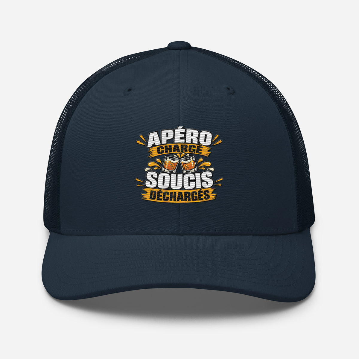Casquette Trucker, brodée « Apéro chargé, soucis déchargés », en Bleu Marine, vue de face, image 15