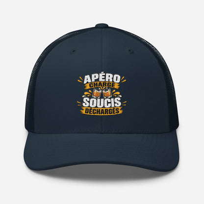 Casquette Trucker, brodée « Apéro chargé, soucis déchargés », en Bleu Marine, vue de face, image 15