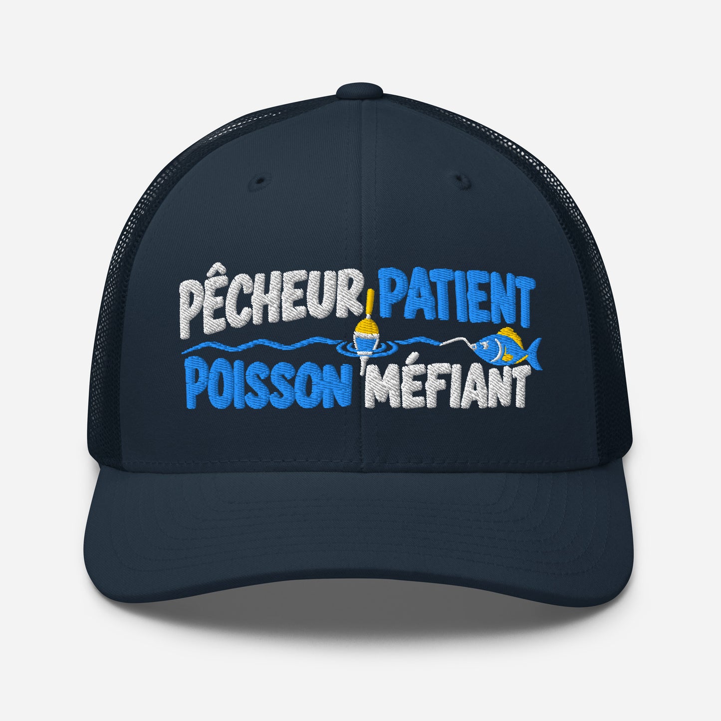 Casquette Trucker, brodée « Pêcheur patient, poisson méfiant », en Bleu Marine, vue de face, image 15