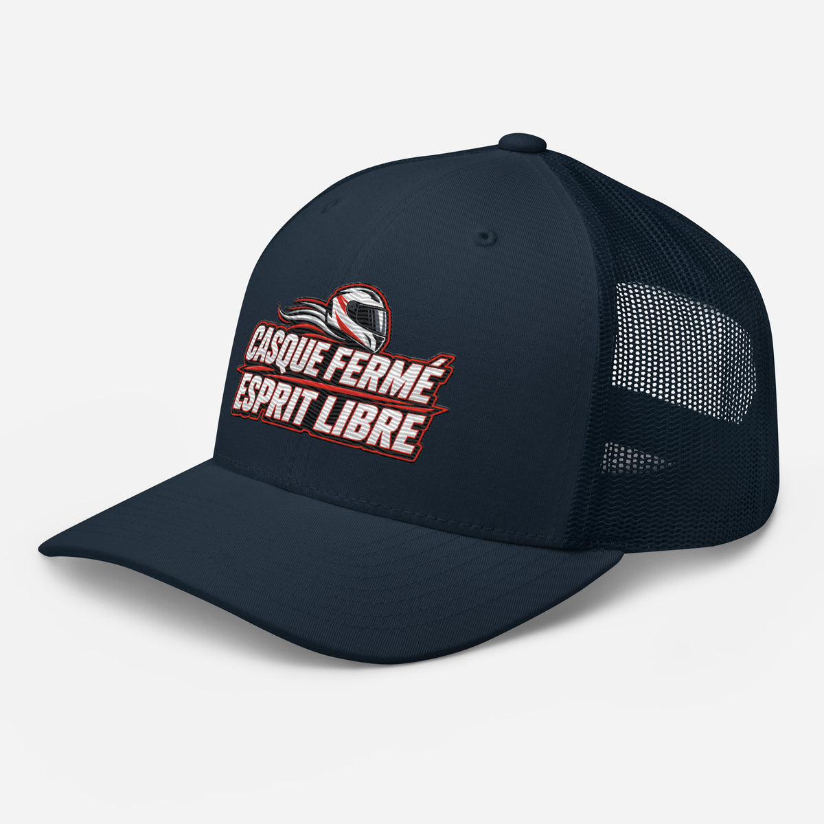 Casquette Trucker, brodée « Casque fermé, esprit libre », en Bleu Marine, vue de trois quarts, image 17