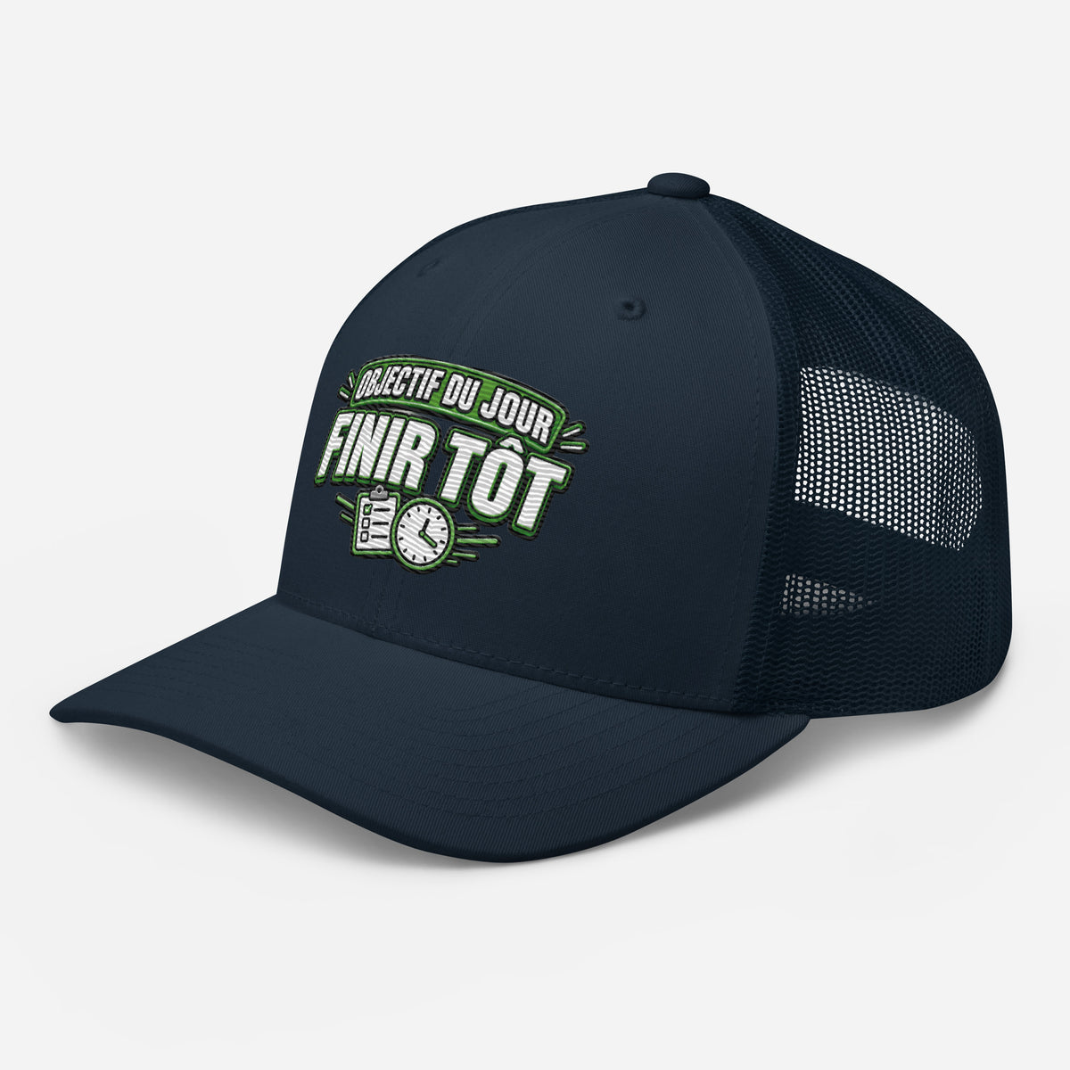 Casquette Trucker, brodée « Objectif du jour, finir tôt », en Bleu Marine, vue de trois quarts, image 16