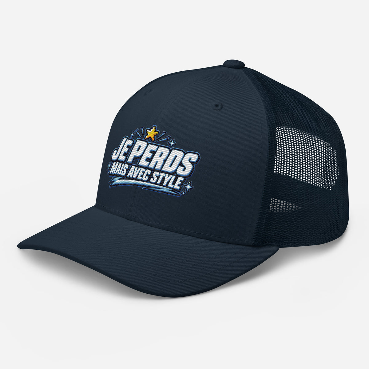 Casquette Trucker, brodée « Je perds mais avec style », en Bleu Marine, vue de trois quarts, image 17