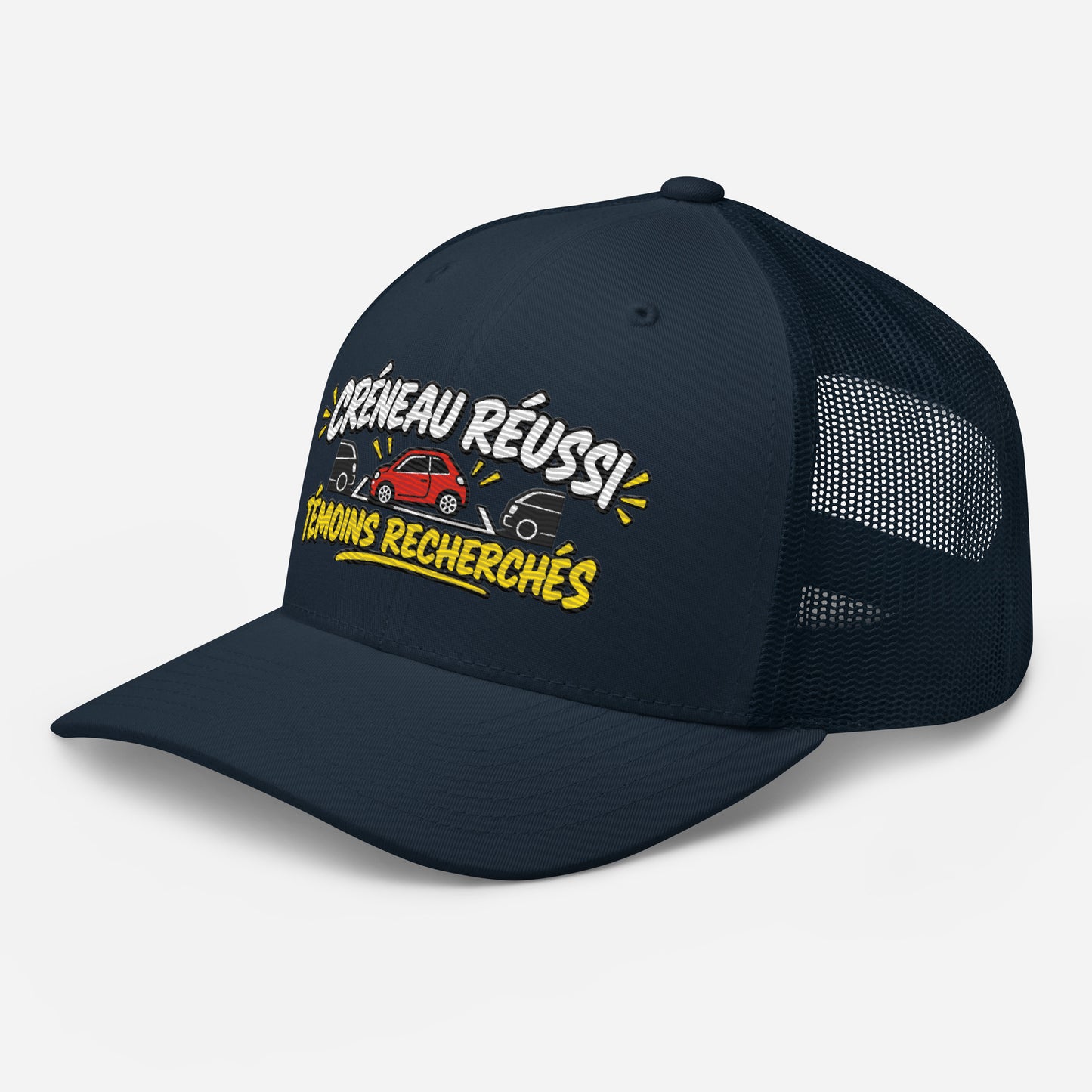 Casquette Trucker, brodée « Créneau réussi, Témoins recherchés », en Bleu Marine, vue de trois quarts, image 17
