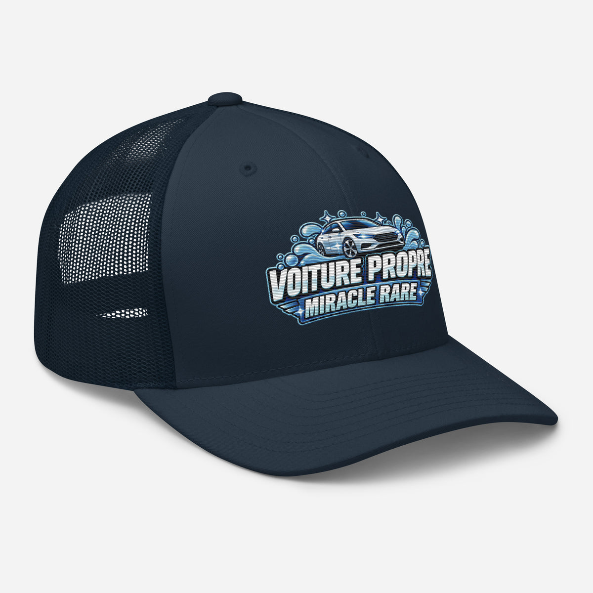 Casquette Trucker, brodée « Voiture propre, miracle rare », en Bleu Marine, vue de trois quarts, image 19