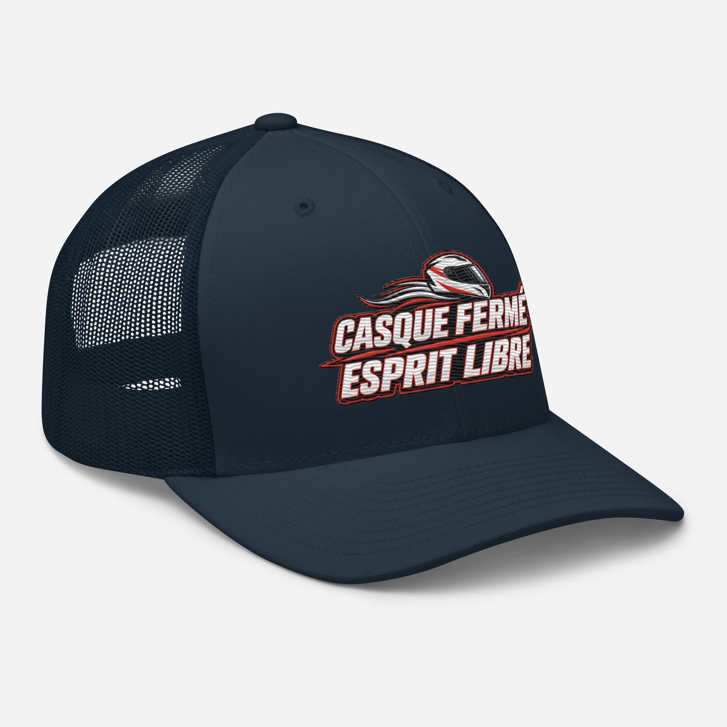 Casquette Trucker, brodée « Casque fermé, esprit libre », en Bleu Marine, vue de trois quarts, image 19
