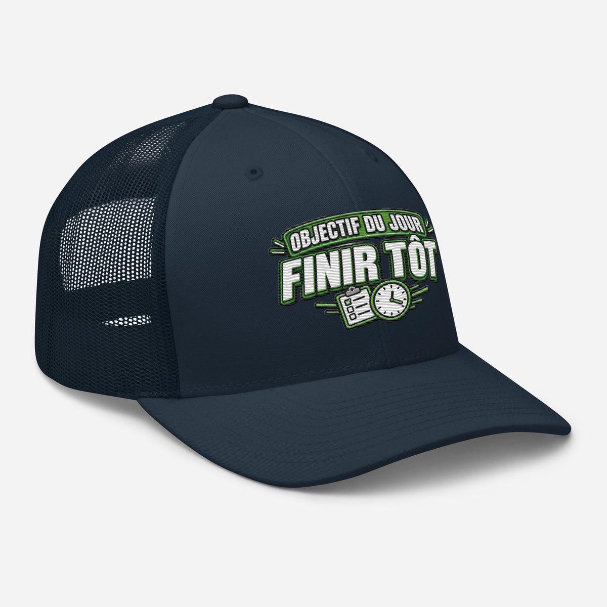 Casquette Trucker, brodée « Objectif du jour, finir tôt », en Bleu Marine, vue de trois quarts, image 18