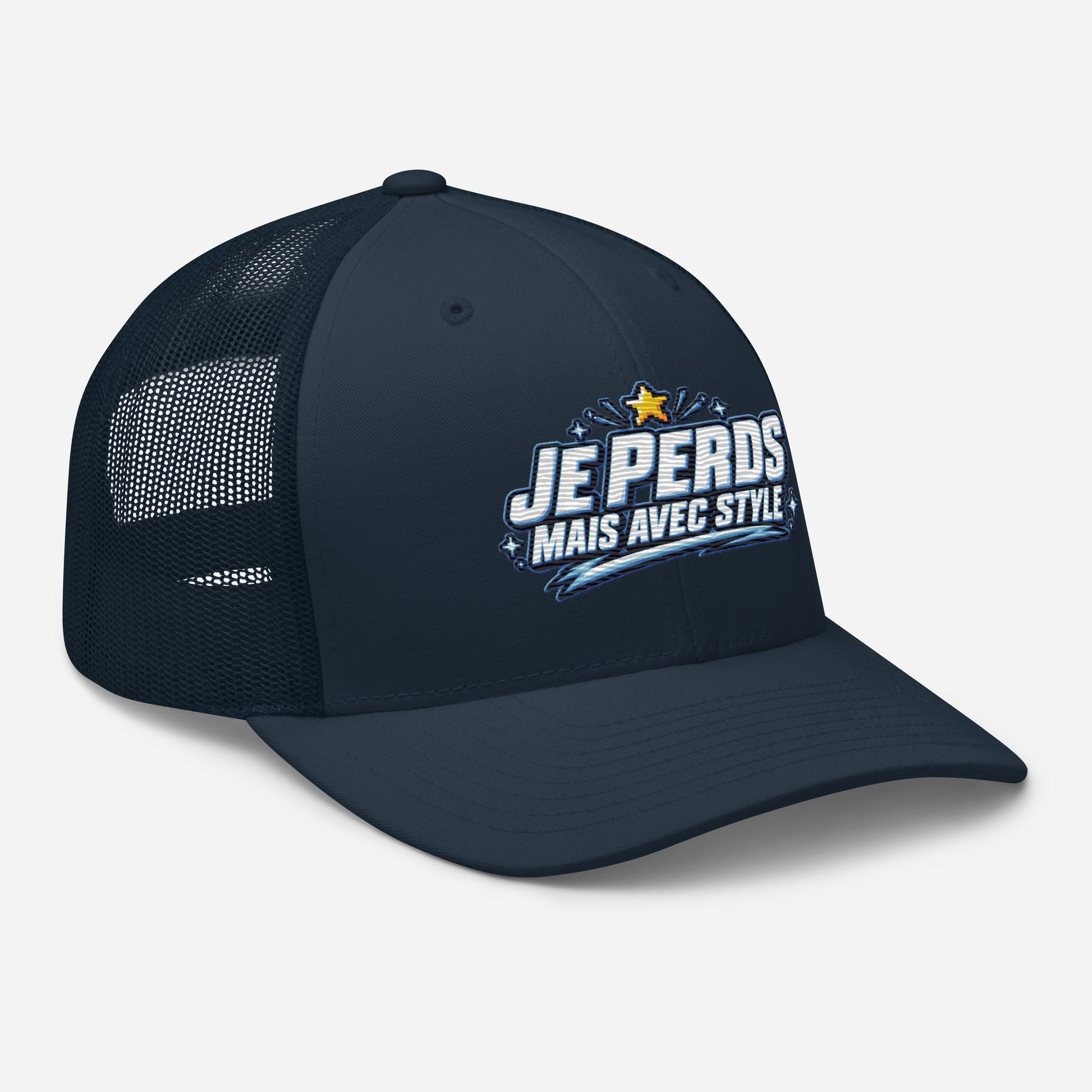 Casquette Trucker, brodée « Je perds mais avec style », en Bleu Marine, vue de trois quarts, image 19