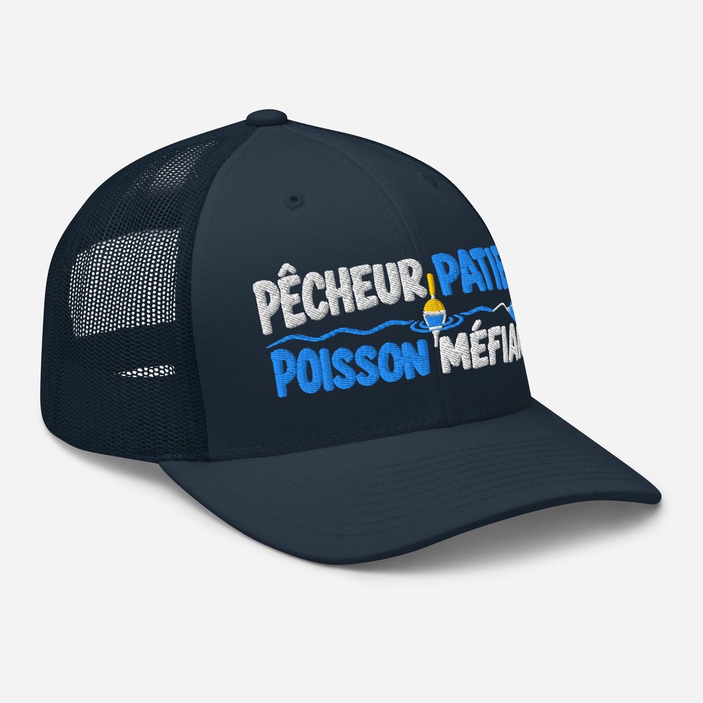 Casquette Trucker, brodée « Pêcheur patient, poisson méfiant », en Bleu Marine, vue de trois quarts, image 19