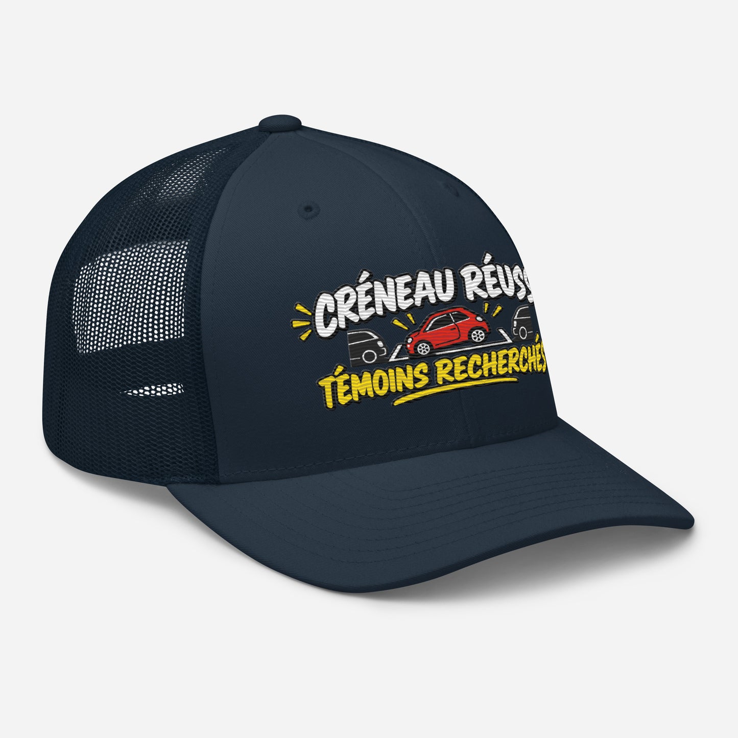 Casquette Trucker, brodée « Créneau réussi, Témoins recherchés », en Bleu Marine, vue de trois quarts, image 19