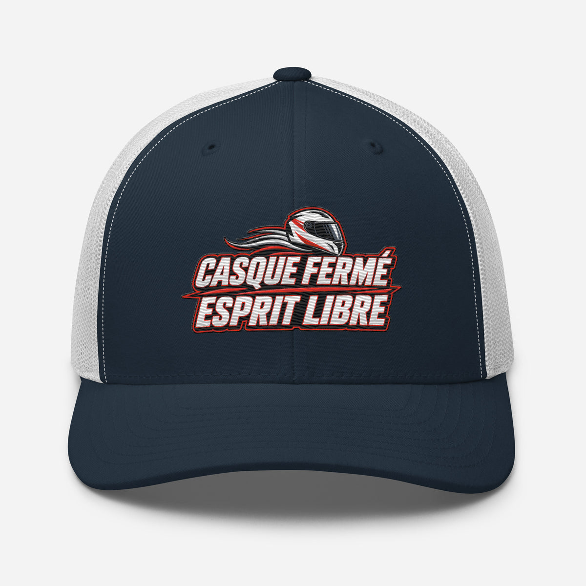 Casquette Trucker, brodée « Casque fermé, esprit libre », en Bleu Marine, vue de face, image 21
