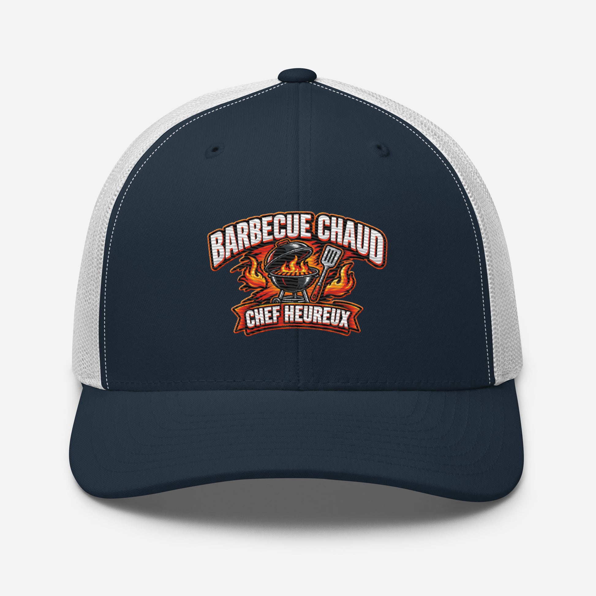 Casquette Trucker, brodée « Barbecue chaud, chef heureux », en Bleu Marine, vue de face, image 21