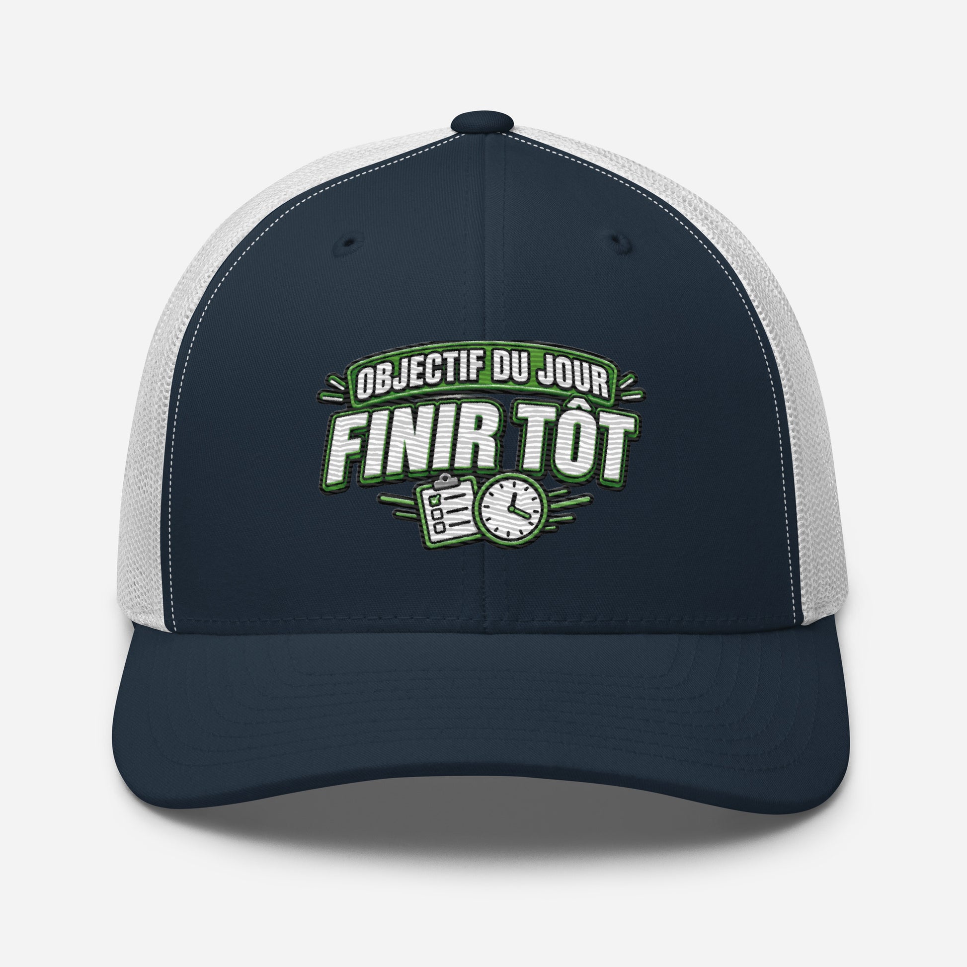 Casquette Trucker, brodée « Objectif du jour, finir tôt », en Bleu Marine, vue de face, image 20