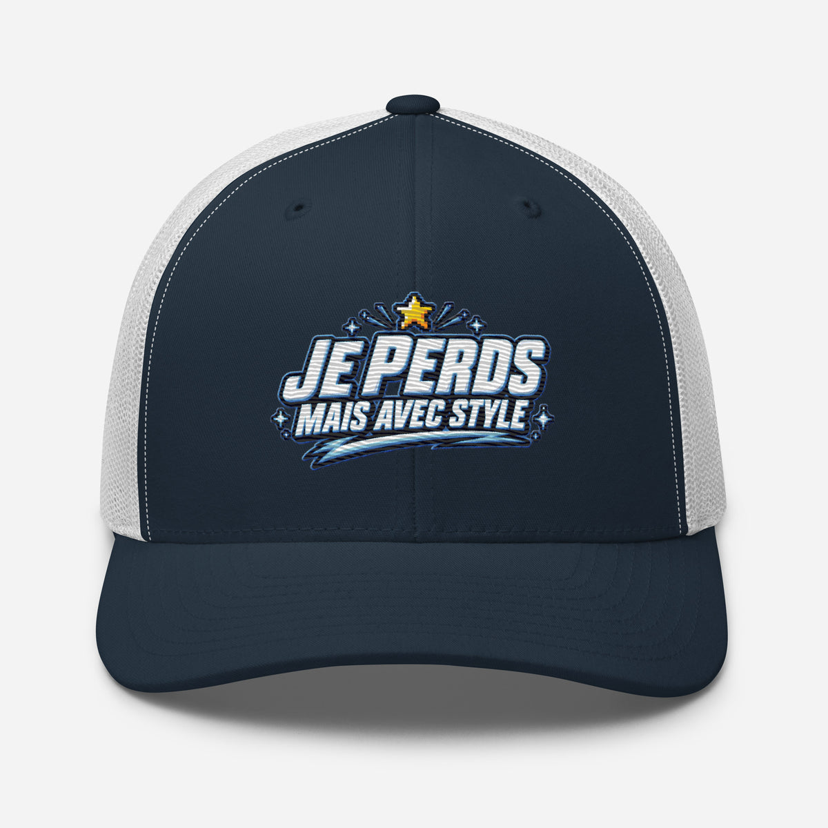 Casquette Trucker, brodée « Je perds mais avec style », en Bleu Marine, vue de face, image 21