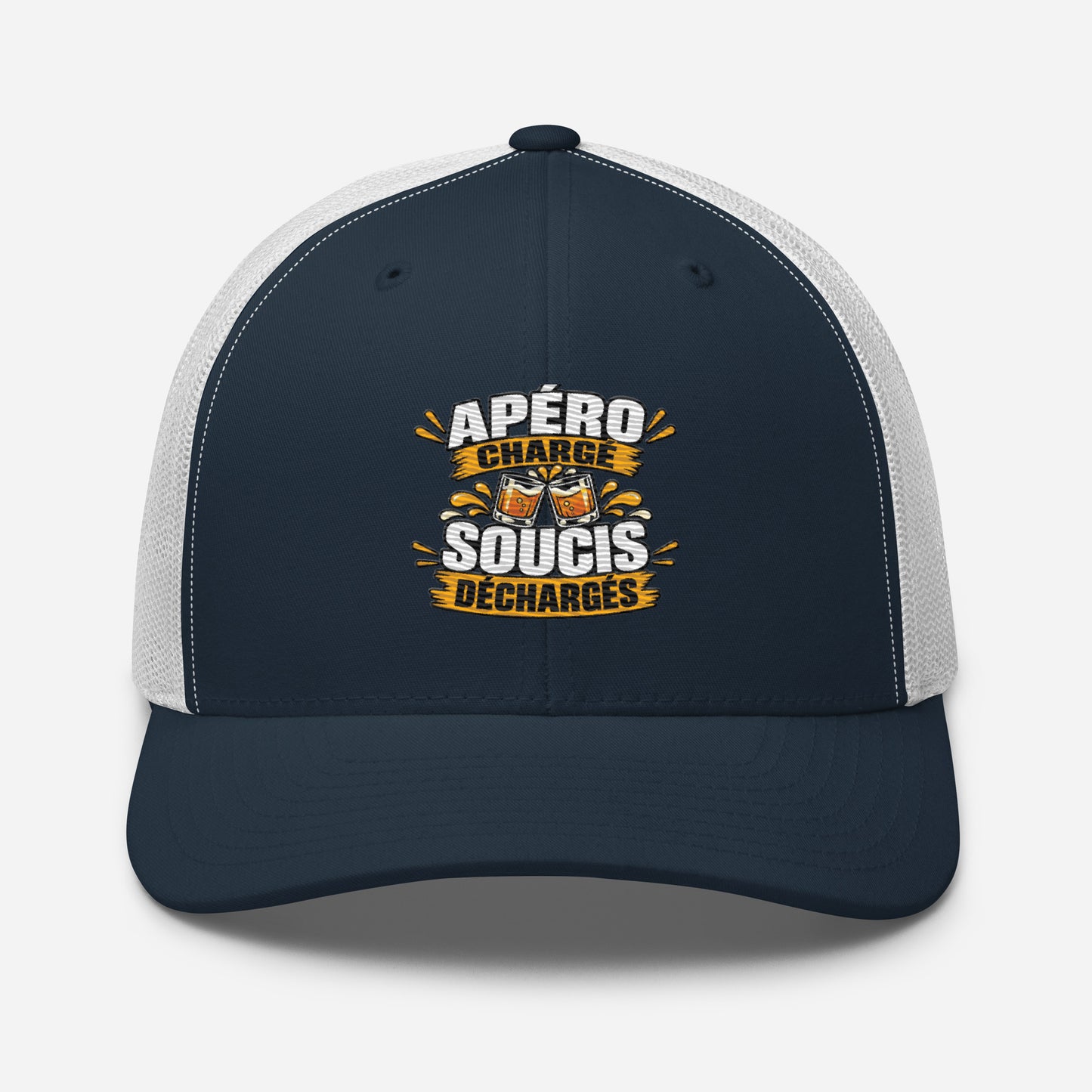 Casquette Trucker, brodée « Apéro chargé, soucis déchargés », en Bleu Marine, vue de face, image 21