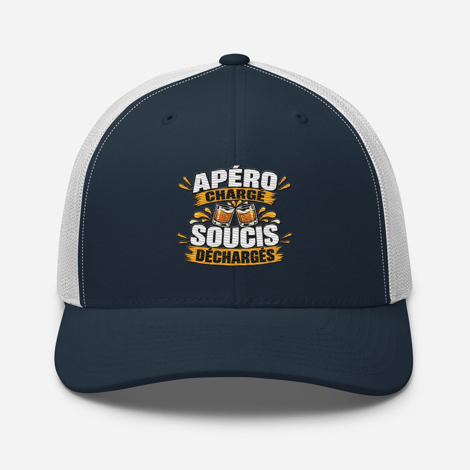 Casquette Trucker, brodée « Apéro chargé, soucis déchargés », en Bleu Marine, vue de face, image 21