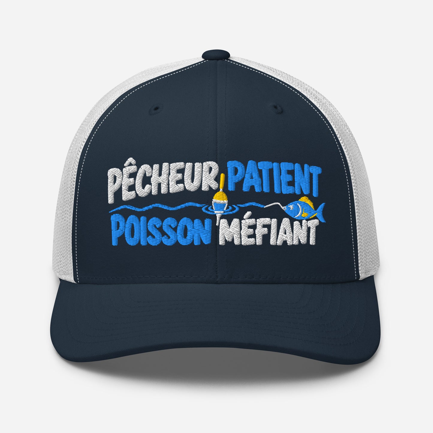 Casquette Trucker, brodée « Pêcheur patient, poisson méfiant », en Bleu Marine, vue de face, image 21