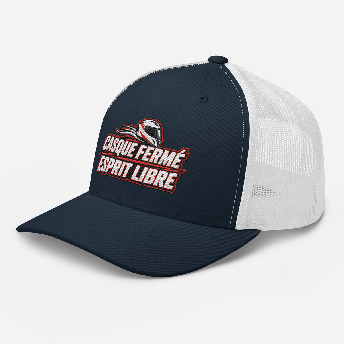 Casquette Trucker, brodée « Casque fermé, esprit libre », en Bleu Marine, vue de trois quarts, image 23