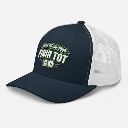 Casquette Trucker, brodée « Objectif du jour, finir tôt », en Bleu Marine, vue de trois quarts, image 22