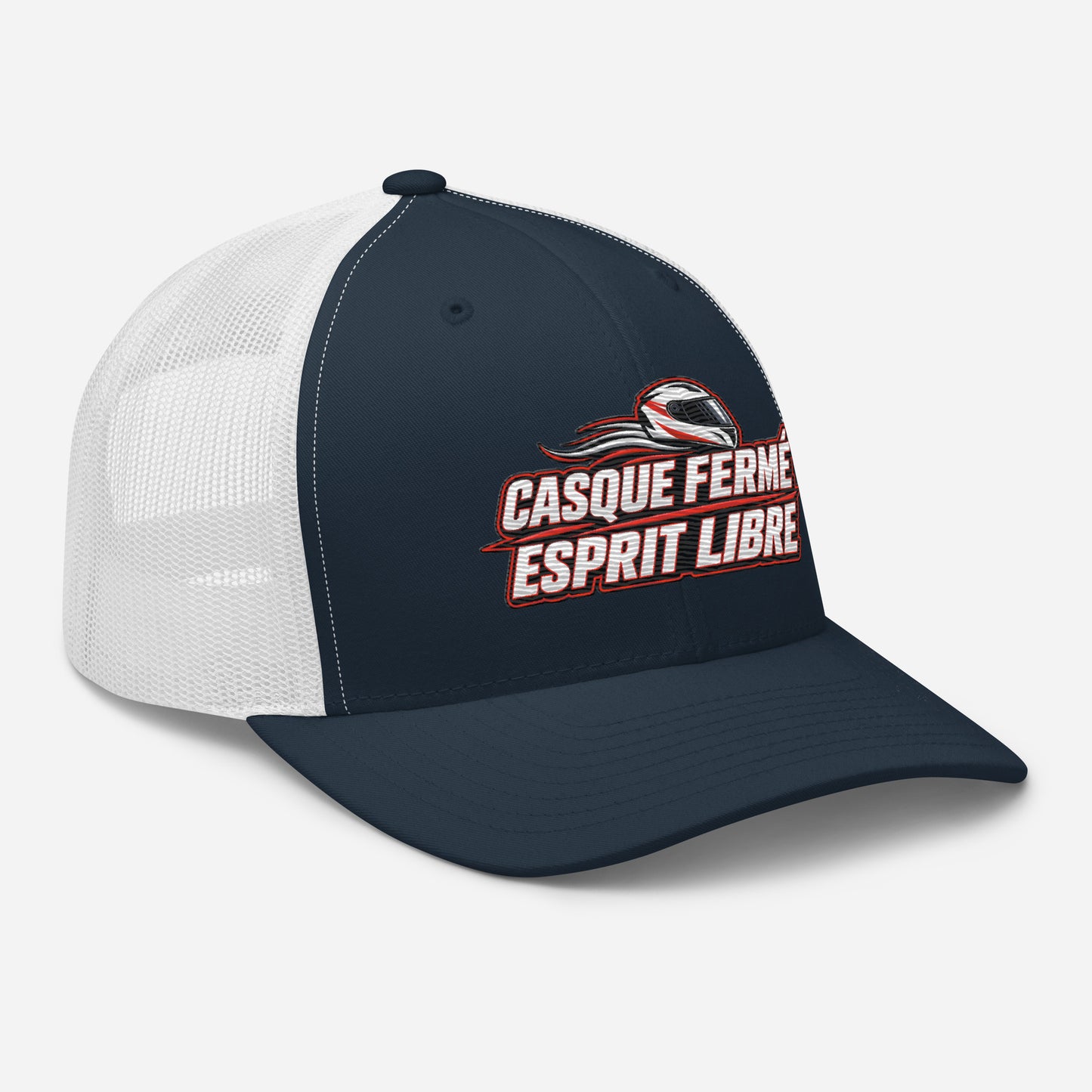 Casquette Trucker, brodée « Casque fermé, esprit libre », en Bleu Marine, vue de trois quarts, image 25