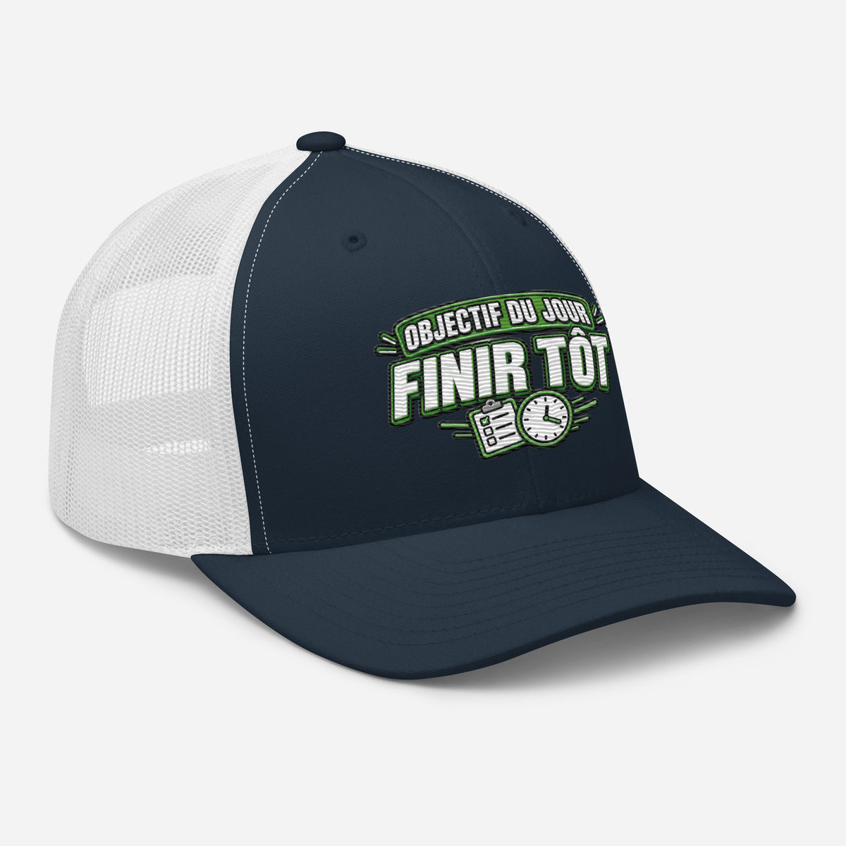 Casquette Trucker, brodée « Objectif du jour, finir tôt », en Bleu Marine, vue de trois quarts, image 24