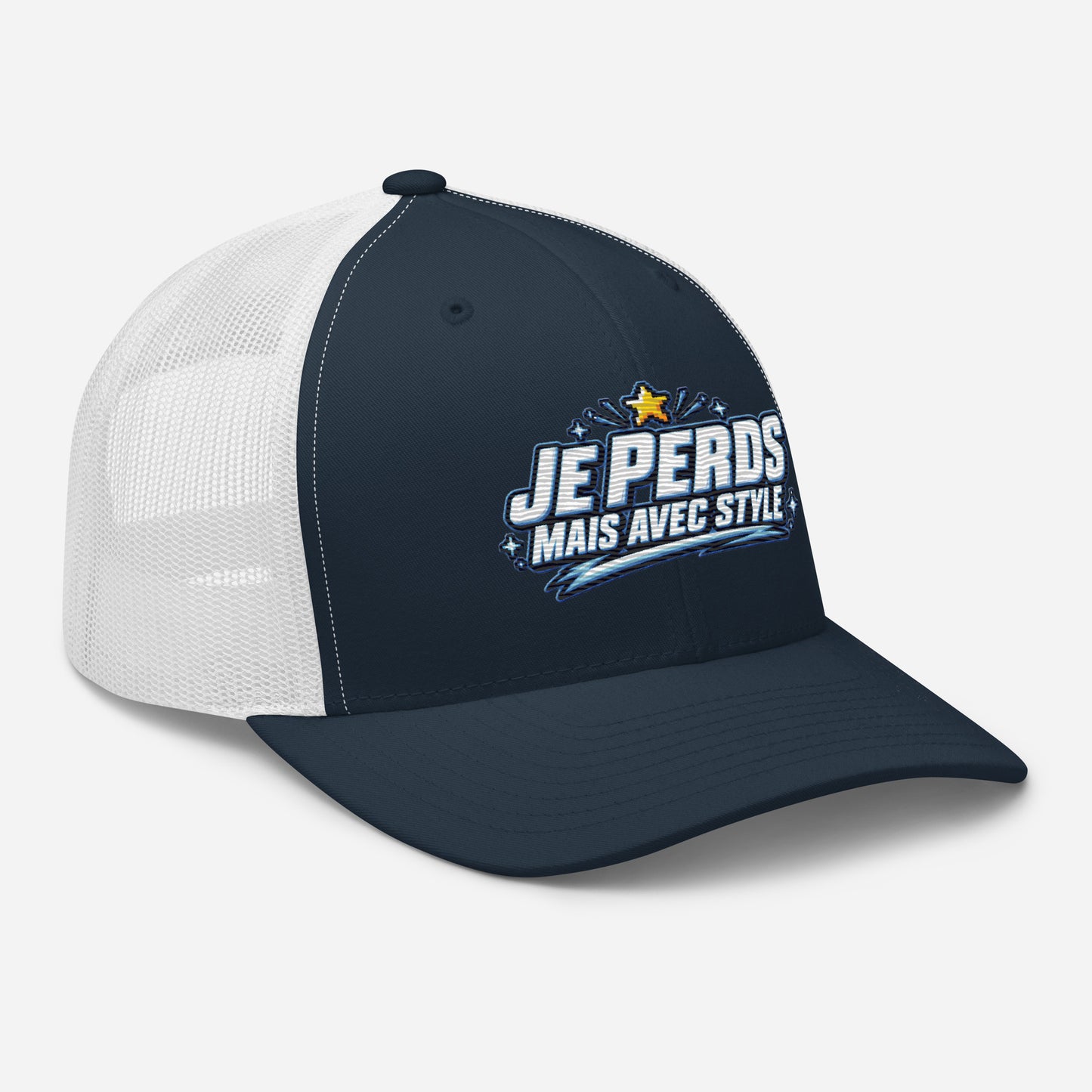 Casquette Trucker, brodée « Je perds mais avec style », en Bleu Marine, vue de trois quarts, image 24